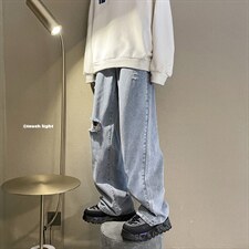 春新款男女高街破洞宽直筒个性潮牌牛仔裤长裤子NZ018批45控68，男装牛仔裤，星座715