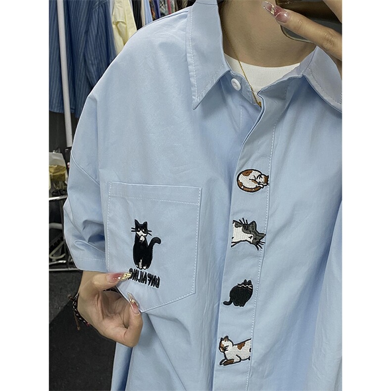 日系趣味小猫刺绣短袖衬衫女夏季学院风显瘦百搭2025超火减龄上衣，男装衬衫，星座1210-1