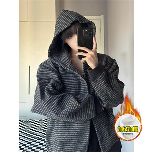 480G重磅加绒硬挺boxy 男女秋冬美式高街条纹毛呢卫衣开衫厚外套图片