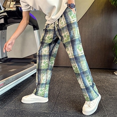 美式复古扎染格子休闲裤男阔腿裤春夏季款情侣裤子直筒长裤子，男装休闲裤，星座506A