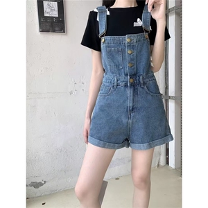 牛仔背带裤女2025春夏新款单排扣卷边短裤小个子高腰直筒阔腿裤子图片
