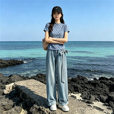 女夏季新款时尚休闲套装蓝色波点上衣烫钻阔腿牛仔长裤两件套显瘦，女装套装/套裙，江南