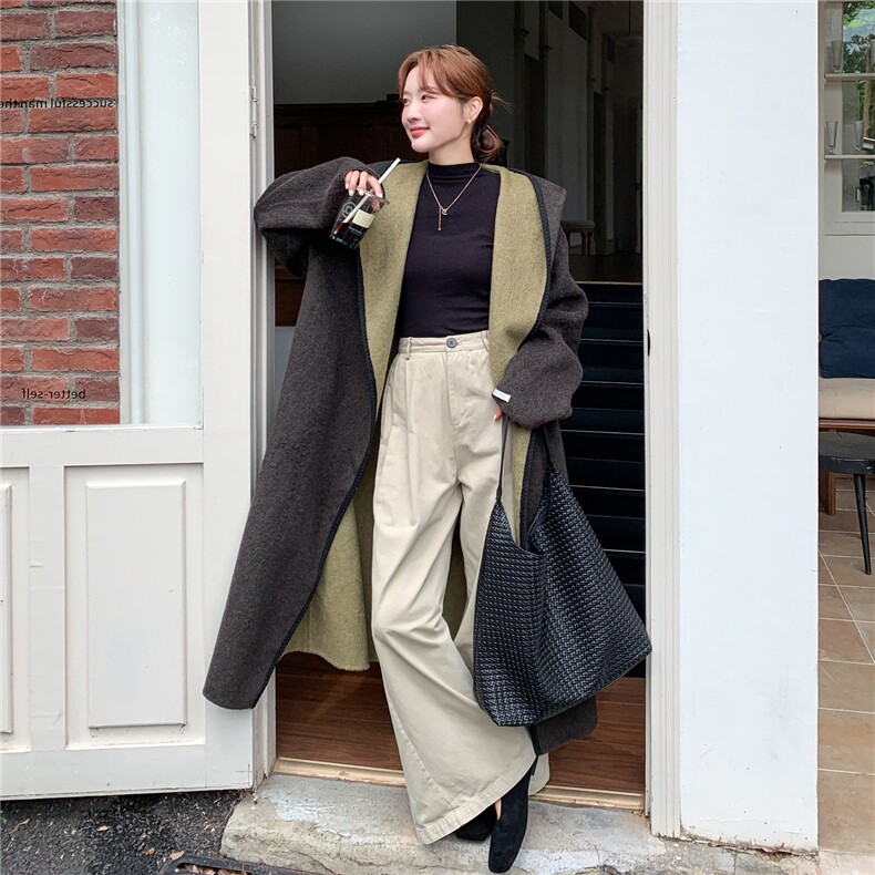 兜帽系带拼色双面羊毛呢大衣--2B72--8621--P245--K328，女装双面呢大衣，乐吉娜