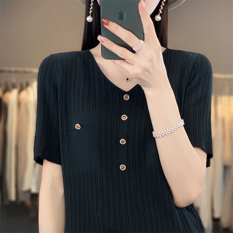 小香风V领套头针织衫短袖打底衫女宽松显瘦薄款百搭修身T恤上衣女,针织衫/毛衣,萱芳婷羊绒