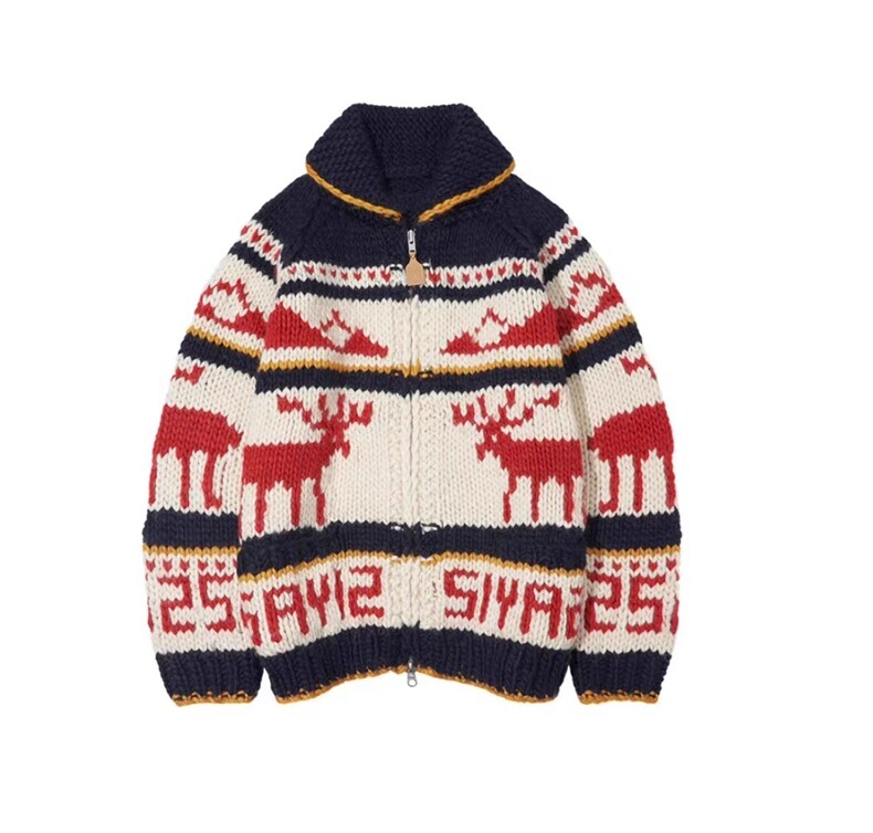 2025年秋季长袖圣诞麋鹿毛衣宽松重工翻领针织外套，女装针织衫/毛衣，织己羊绒