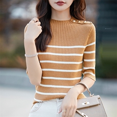 修身短袖针织衫女t恤夏季羊绒撞色条纹冰丝休闲显瘦百搭圆领打底，女装T恤，暖烁特种纱工厂店