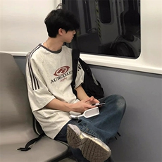 夏季美式高街重磅纯棉三条杠织带撞色男女短袖T恤ZD376-特P30，男装T恤，电商A486
