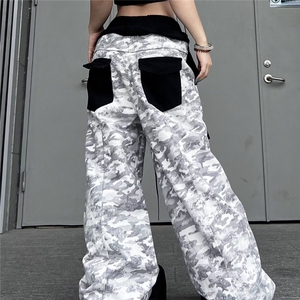 美式复古扎染印花休闲阔腿裤女新款宽松显瘦垂感高腰拖地牛仔长裤图片