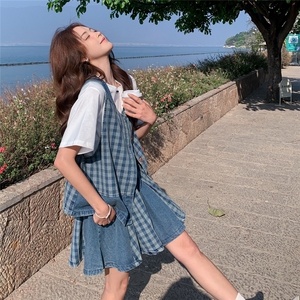 复古牛仔马甲套装夏季新款韩版设计感减龄格子上衣T恤短裙两件套图片