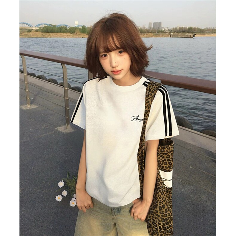 抖音得物高品质二开240克宽松纯棉美式潮牌三条杠织带短袖T恤，男装T恤，电商A486-1