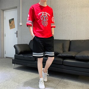 新款夏季潮牌五分裤两件套青少年运动休闲短袖T恤套装男F67P58图片