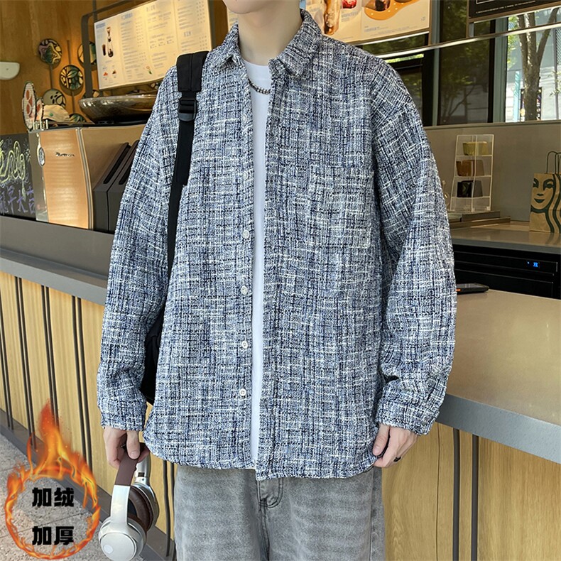 加绒加厚秋冬港风男大码小香风衬衫宽松印花长袖衬衣外套/8813p60图片