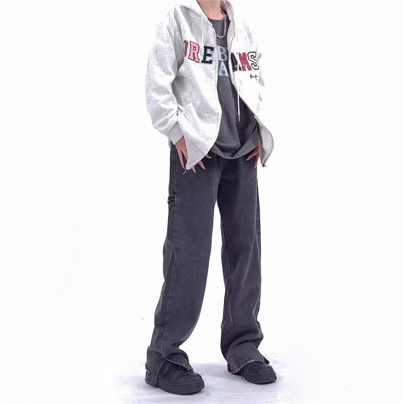 美式复古拉链开衩牛仔裤男ins潮牌高街vibe直筒小脚裤子K3177-P52,男装牛仔裤,星座412-2