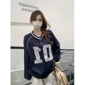 EE040-P55酷棉220克长袖t恤女装薄款潮蕾丝修身打底衫圆领上衣图片