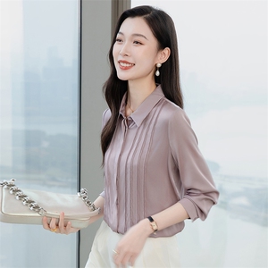高端纯色真丝衬衫女长袖2026年春装翻领通勤职业OL真丝上衣衬衣图片