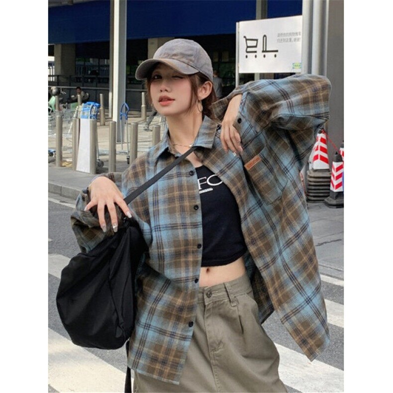 格子衬衫外套男女春秋宽松慵懒松弛感宽松上衣防晒长袖衬衣 C11图片