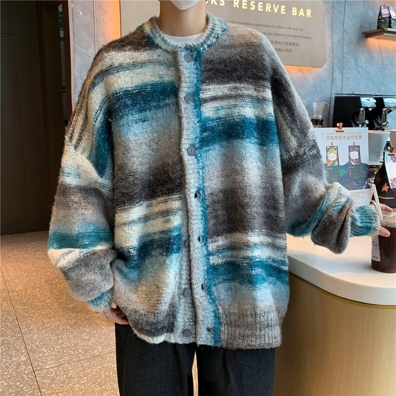 撞色条纹毛衣男春秋复古慵懒风开衫外套设计感情侣针织衫YM54-p58图片