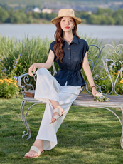 时尚气质休闲套装女2025新款夏薄款收腰显瘦短袖衬衫阔腿裤两件套，女装套装/套裙，凝聚力