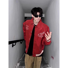 酒红色外套美式复古高级感痞帅PU皮夹克棒球服JK611特P70，男装夹克，星座908-1