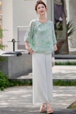 小衫女薄款2025夏新款宽松休闲女款新中式上衣雪纺阔腿裤，女装运动套装，妃曼