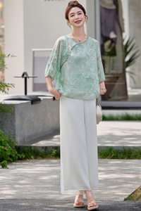 小衫女薄款2025夏新款宽松休闲女款新中式上衣雪纺阔腿裤图片