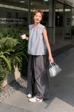 蓝色法式松弛感背心套装女夏新款小个子无袖上衣休闲阔腿裤两件套，女装套装/套裙，2C258