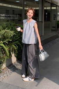 蓝色法式松弛感背心套装女夏新款小个子无袖上衣休闲阔腿裤两件套图片