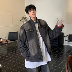 春秋水洗重磅拉链黑灰牛仔夹克男士痞帅高级感底特律工装美式外套，男装工装外套，星座1210-1