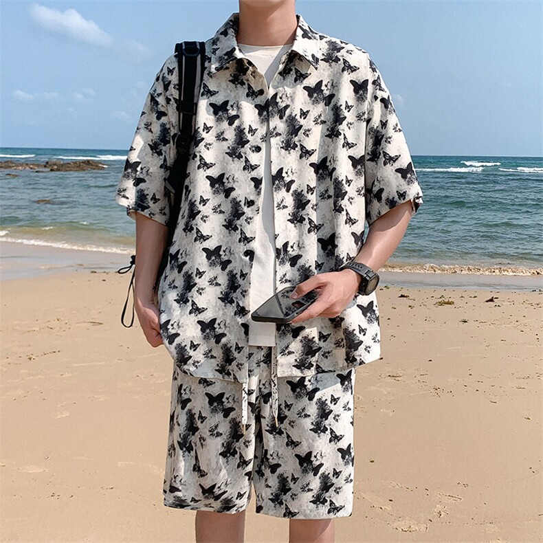 特批P50无差价夏季冰丝凉爽垂感蝴蝶印花痞帅潮流五分套装男TZ330，男装休闲套装，电商A001-1