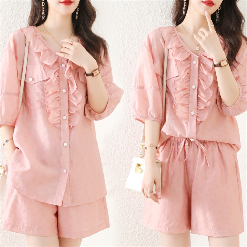 【现货】雪纺休闲套装女夏2024新款短袖花边上衣休闲短裤两件套，女装套装/套裙，梦懿尔