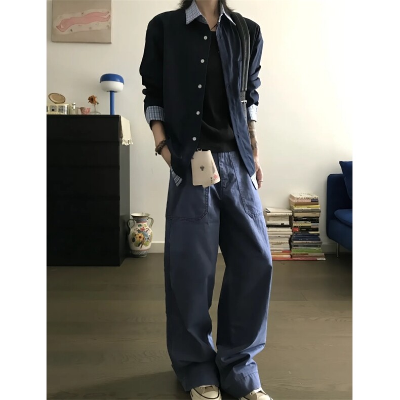 现货蓝色格子拼接翻领长袖上衣情侣款男女假两件衬衫CX03-TP45,男装衬衫,星座910A