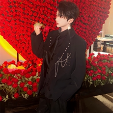 (图）小众设计感链条黑色西装垫肩西服2809-P110(内搭CS1160)，男装西服，星座910-5