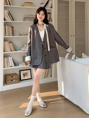 小香风灰色蕾丝拼接西装套装裙女春秋2025新款两件套独特绝气，女装套装/套裙，浙宝192（原082）