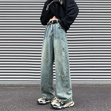 水洗黄泥色牛仔裤男女美式复古直筒宽松拼接裤潮G3103P50，男装牛仔裤，星座1116-2
