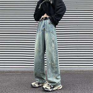 水洗黄泥色牛仔裤男女美式复古直筒宽松拼接裤潮 G3103 P50图片