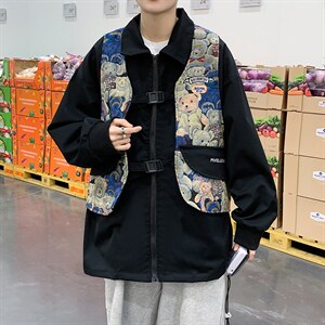 高街复古拼接小熊夹克衫假两件M-4XL宽松春季工装男日系W2531-P60图片