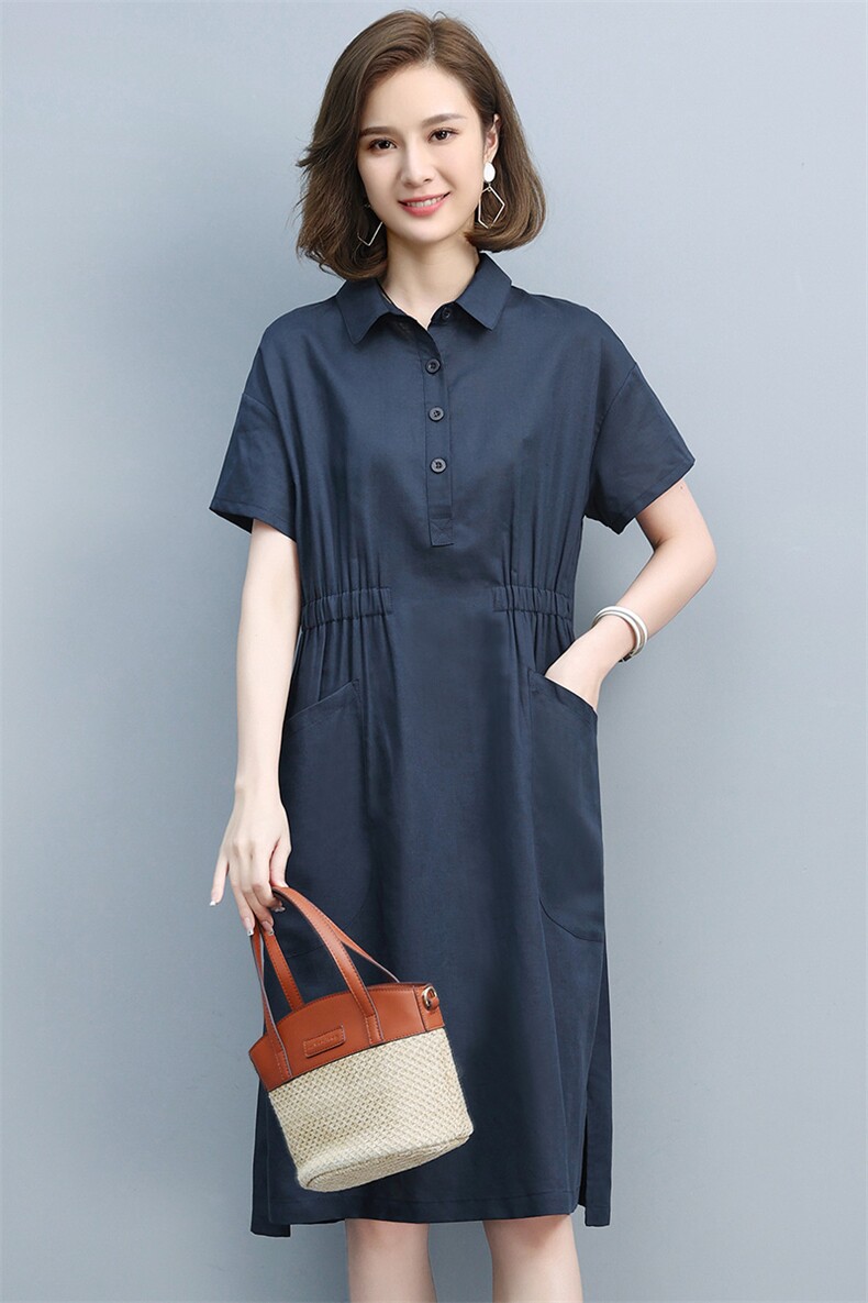 连衣裙2025夏季新款亚麻大码女装胖mm中年妈妈高端棉麻衬衫裙子图片