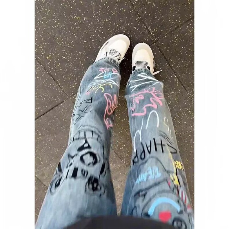复古手绘涂鸦弯刀牛仔裤男潮牌痞帅裤子美式高街牛仔裤NA462-P50图片