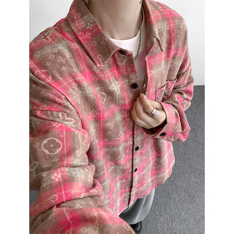 衬衫男秋季新款港风宽松大码格子扎染长袖衬衣CS507-P35，男装衬衫，星座214-3