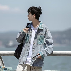春秋拼接印花牛仔外套男复古宽松休闲潮流青少年夹克上衣3260P58，男装工装外套，星座410-2