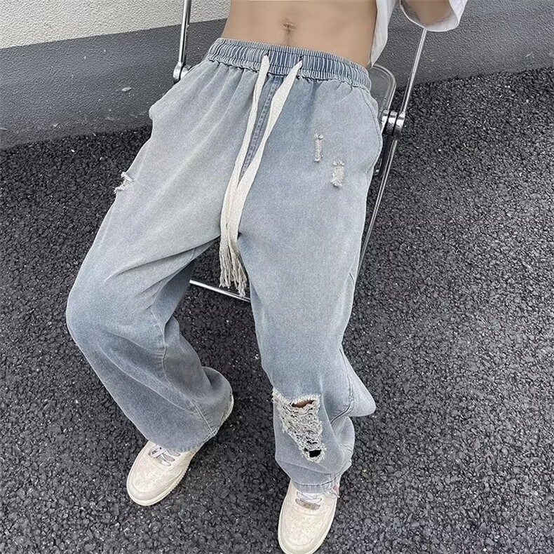 春季复古牛仔直筒裤vibe高街抽绳潮牌男休闲百搭长裤N02227-P42,男装牛仔裤,星座308B-2