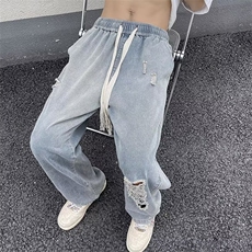 春季复古牛仔直筒裤vibe高街抽绳潮牌男休闲百搭长裤N02227-P42，男装牛仔裤，星座308B-2