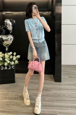 女夏新款设计感时尚休闲套装圆领彩色纽扣针织衫短袖牛仔裙两件套，女装套装/套裙，2C310