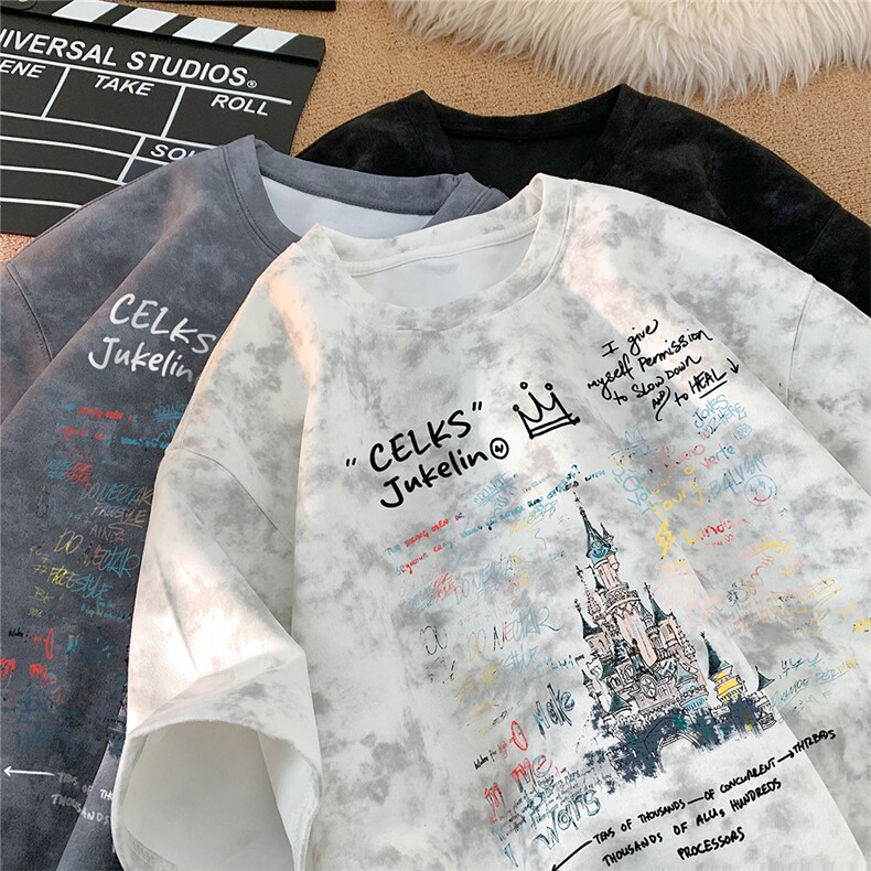 重磅白墨扎染宽松大版型落肩短袖印花T恤ZT26002-P25限38，男装T恤，电商B219A