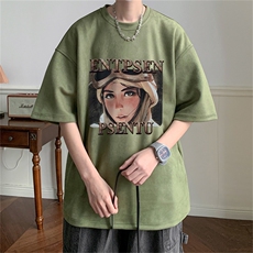 ！24夏季新款宽松大码港风动漫女头麂皮绒T恤TJ2394-特p19，男装T恤，星座508（原C305）