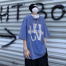 潮牌宽松短袖t恤蜡染美式复古高街水洗做旧517A-2-SX243-P38，男装T恤，星座517A-2