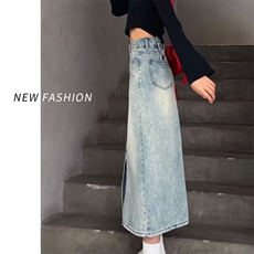 复古牛仔裙半身裙女中长款2025年新款夏季a字开叉高腰包臀裙春秋，鞋类箱包手腕包，星座1210-1