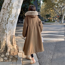 韩系工装抽绳收腰加绒加厚派克服外套女冬新款长款过膝大毛领棉衣，女装短外套，2B183