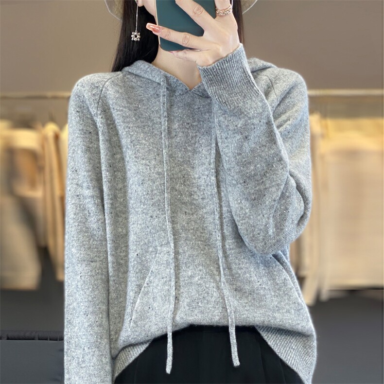 秋冬100%纯羊毛帽衫女亮丝加厚长袖针织衫卫衣宽松羊绒衫连帽上衣,女装羊毛衫,东远绒业
