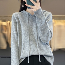 秋冬100%纯羊毛帽衫女亮丝加厚长袖针织衫卫衣宽松羊绒衫连帽上衣，女装羊毛衫，东远绒业